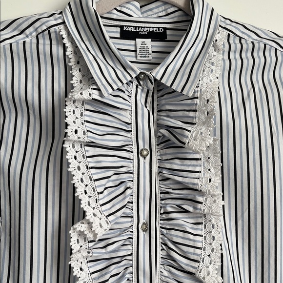 KARL LAGERFIELD Black and White Blue Striped Ruffle Button Down Shirt, Size M - Picture 2 of 10